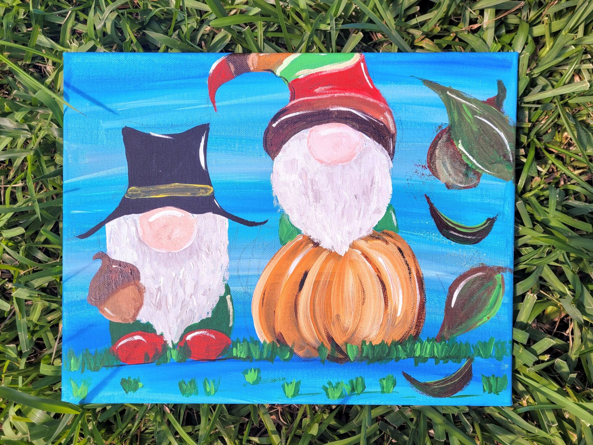 A Painting About Garden Gnomes on Canvas on Grass