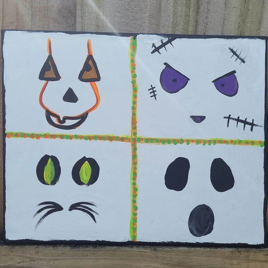 Halloween Collage Painting on Canvas With Four Grids